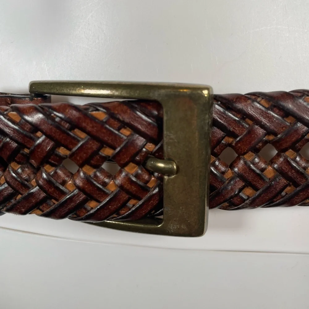 Vintage Braided Woven Brown Genuine Leather Belt Brass Square Buckle Mens Sz 38